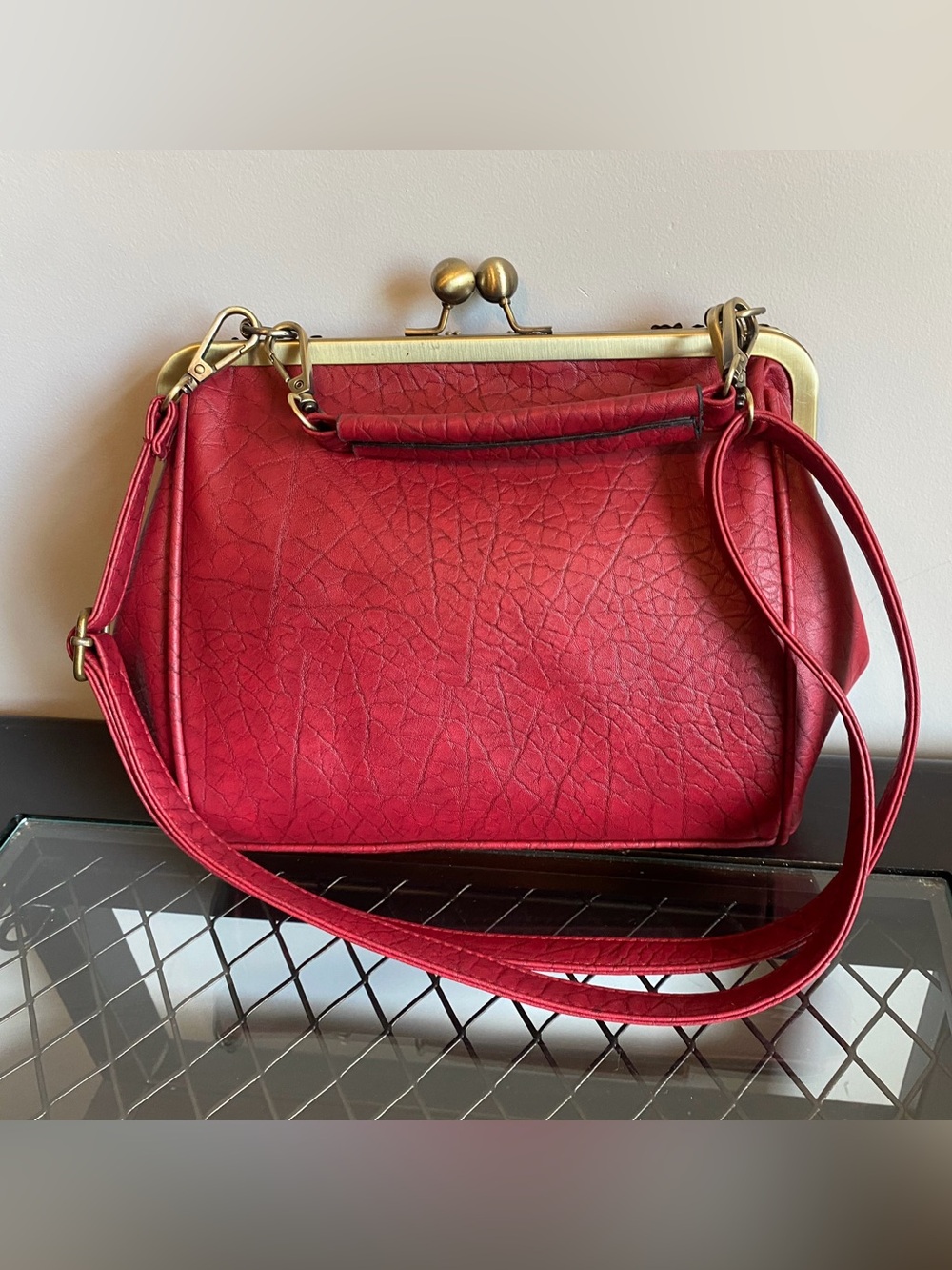 Vintage-Inspired Red Frame Satchel Bag